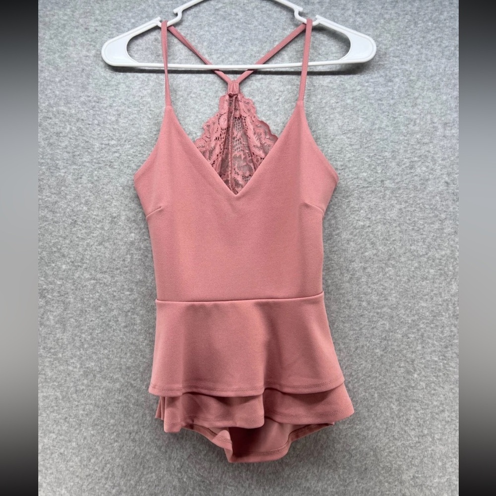 Chic Lace-Back Peplum Blouse in Pink